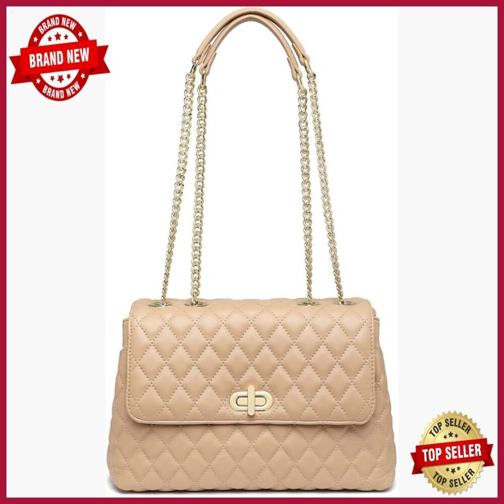 Quilted Vegan Leather Crossbody Shoulder Bag with Gold Chain Strap